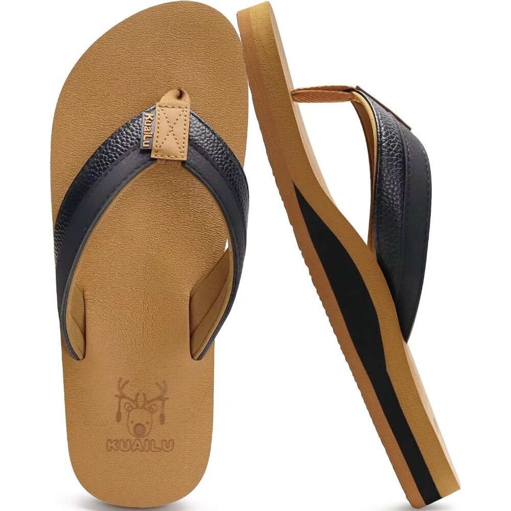 〽️Men's Flip Flop Sandal Black Khaki Leather Slip On Arch Support Comfort Shoes